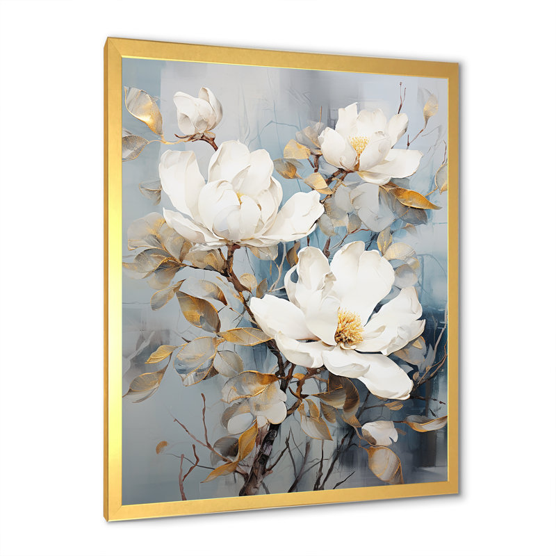 Minimalisme Magnolias sur toile, H 40 po x l 30 po x P 1,5 po, Cadre doré simple