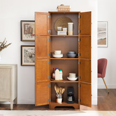 8 Doors 4 Shelves Oak Storage Cabinet, 72.4" Tall. For Different Spaces. Smooth Surface, Robust Build Places. Exterior, Construction