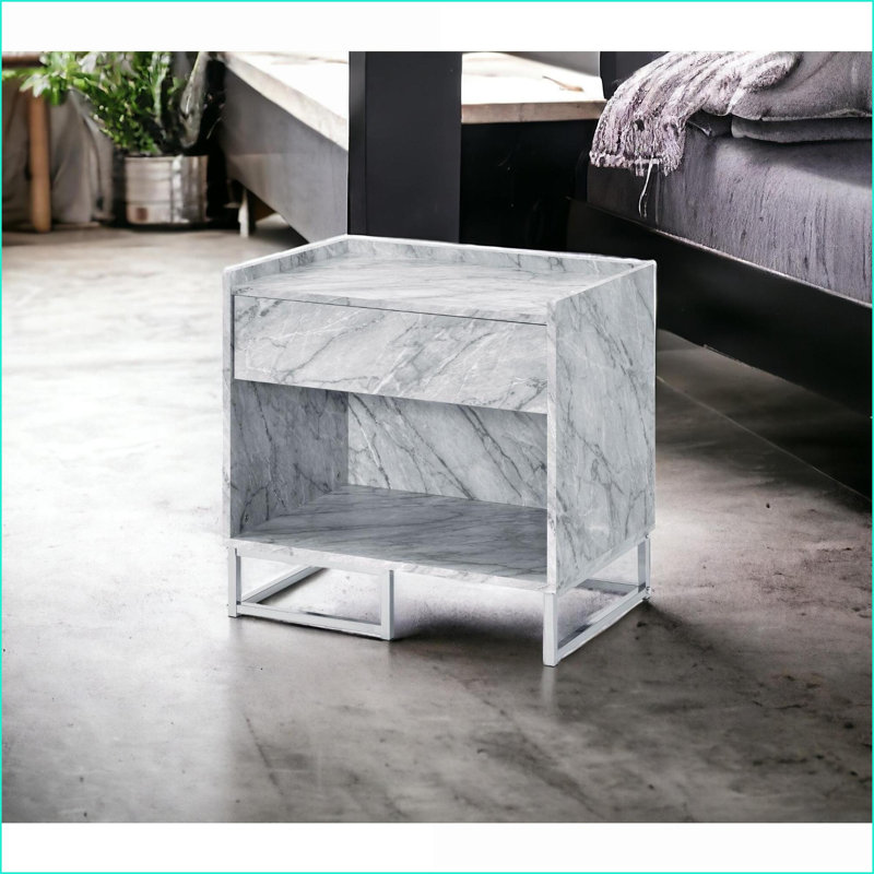 Table basse blanche en faux marbre avec base chromée - 1 tiroir et amp; Rangement ouvert, assemblage facile pour le salon