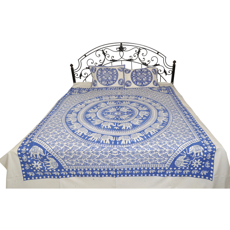 Cotton Bedsheet from Pilkhuwa with Printed Chakravhuh of Elephants for Boho and Ethnic Bedroom Decor