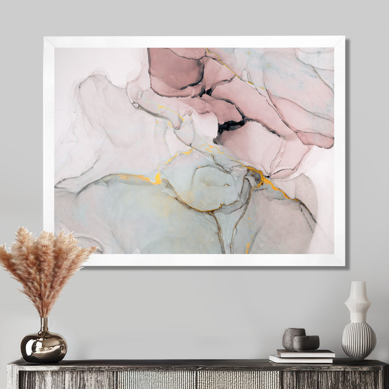«Pink and Golden Marble Ripples II», impression sur toile, H 30 po x l 40 po, Impression encadrée, Blanc