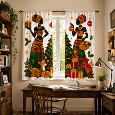 2Pcs Christmas African Women Black Silhouettes Curtains, Festive Holiday Trees and Reindeer Pattern Light Filtering Window Drapes For Living Room Bedroom Kitchen