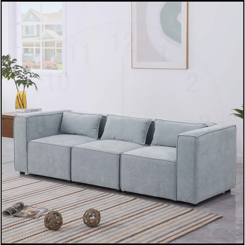 Canapé modulaire polyvalent à assise et dossier moelleux, H 26,4 po x l 92,6 po x P 33,5 po, 3, Bleu grisâtre