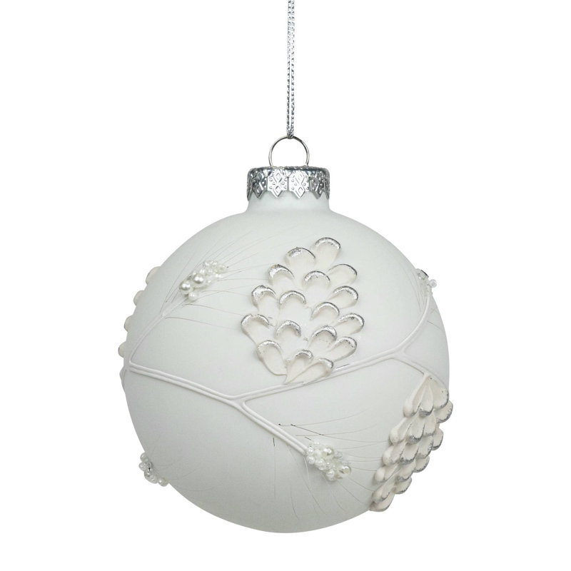 3.5"X3.5"X3.5"H GLASS WHITE BALL W/LEAVES PATTERN ORN 2ASST