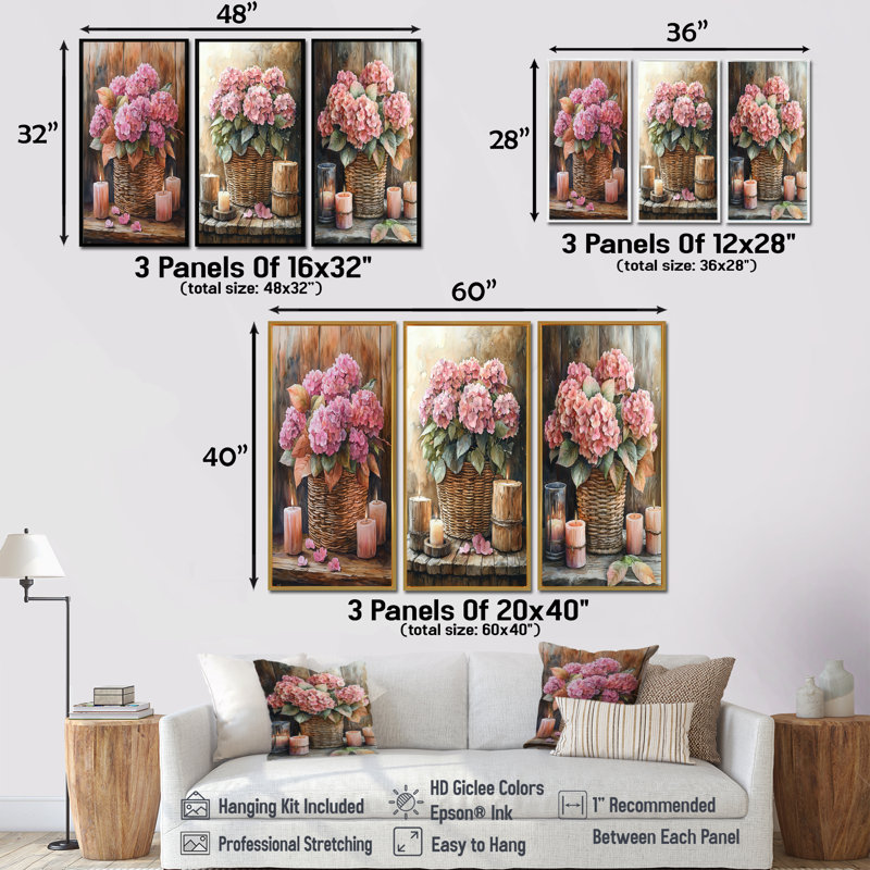 Hortensias dans un panier tissé avec bougie I - Collection de décorations murales traditionnelles, Toile tendue