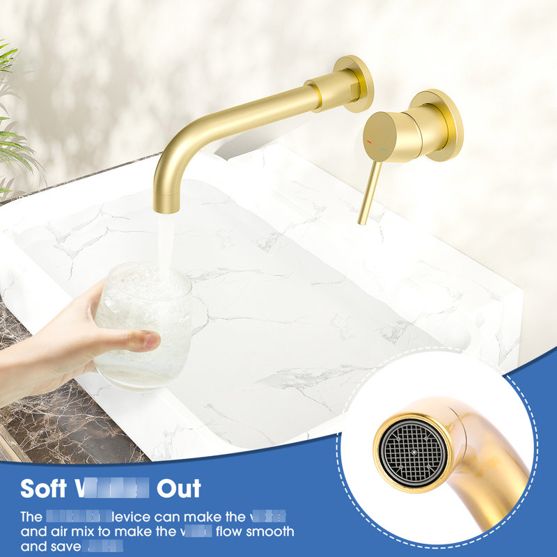 Bathroom Wall Mounted Faucet, Brushed Gold, 2 Holes, Zinc Handle, Long-Lasting Quality Gold Mount Tap, Use, Single Lever 7.95-Inch Reach, Flexible Design