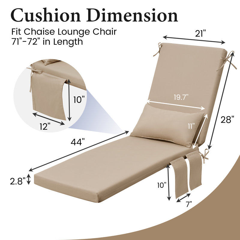 Outdoor Chaise Lounge Cushion with Pocket and Pillow, 21'' W X 72'' D , Beige