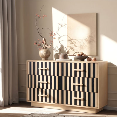 Commode en bois rayé de 59,06 po de largeur, commode moderne à 6 tiroirs avec rayures verticales en bois naturel noir contrastant, commode de rangement Mid-Century pour le salon de la chambre à coucher