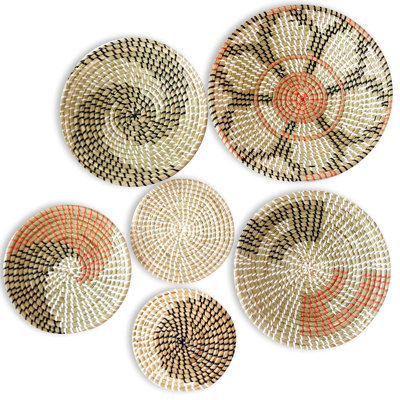 Boho Wall Basket Decor Set Of 6 - Hanging Woven Basket Wall Decor, Handcrafted Round Flat Seagrass Baskets Wall Art, For Modern?farmhouse?home - Unique Modern Wall Basket Decor