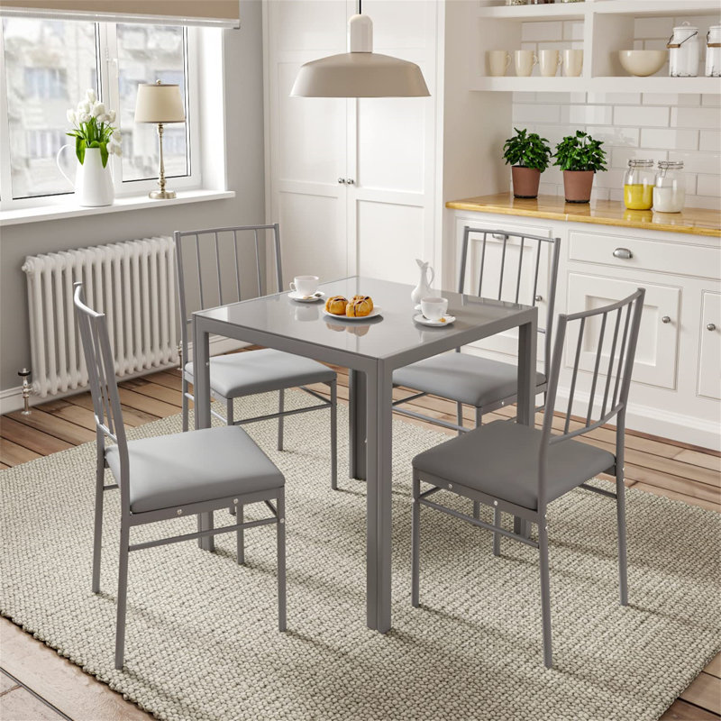 Dorrien Glass Top Metal Base Dining Table, Grey