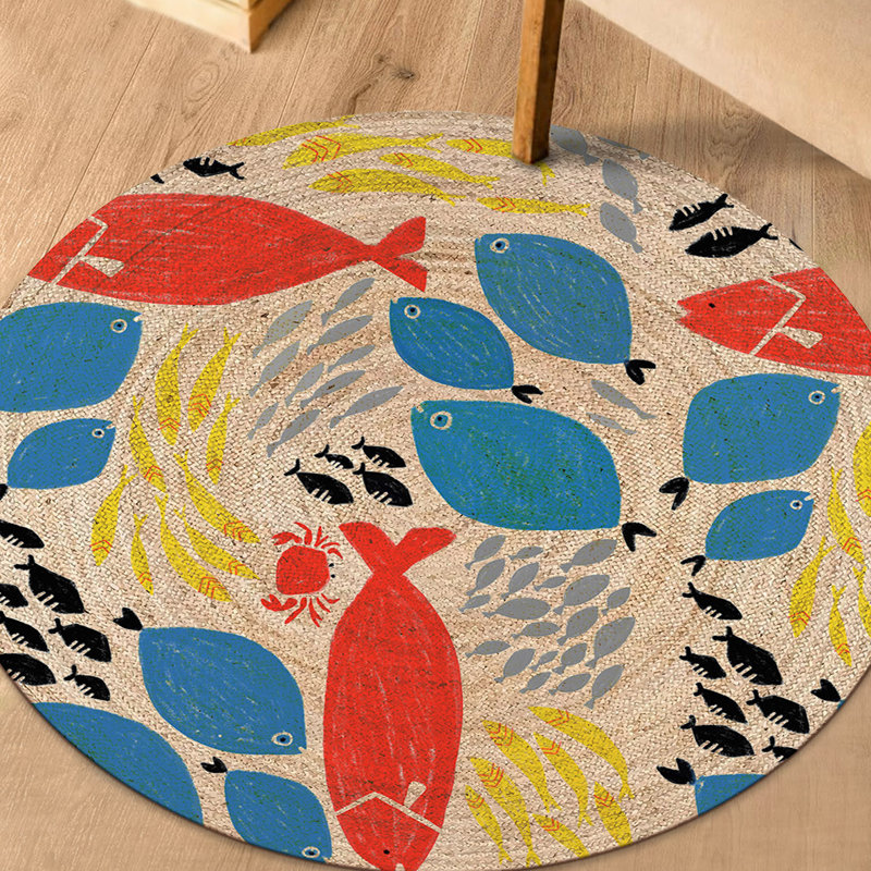 Tapis rond en jute tissé à la machine beige / bleu, Rond 2 pi 7 po