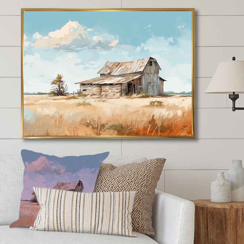 Charme de grange minimalisme sur toile, Cadre flottant doré, H 34 po x l 44 po x P 1,5 po
