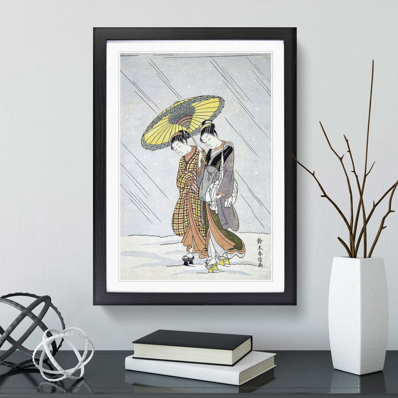 Women in a Storm by Harunobu Suzuki - Picture Frame Painting Print, 48cm H x 36cm W x 2cm D, Black Framed