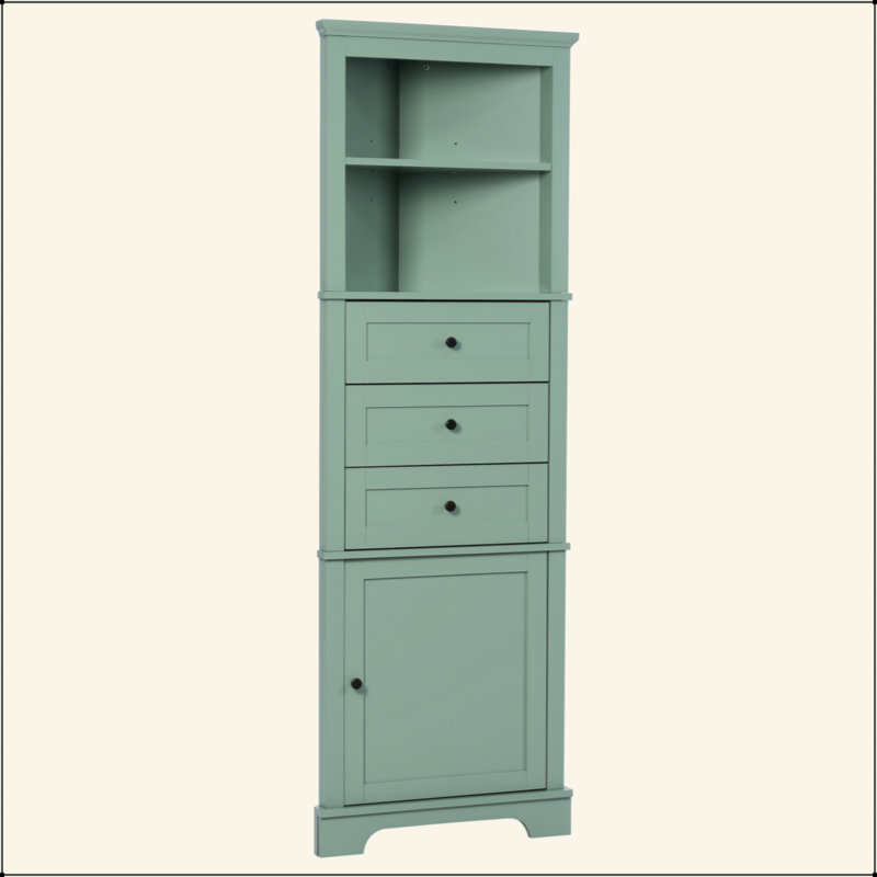Armoire haute triangulaire avec 3 tiroirs et tablettes réglables pour la salle de bain, la cuisine ou le salon, panneau de fibres à densité moyenne avec finition peinte