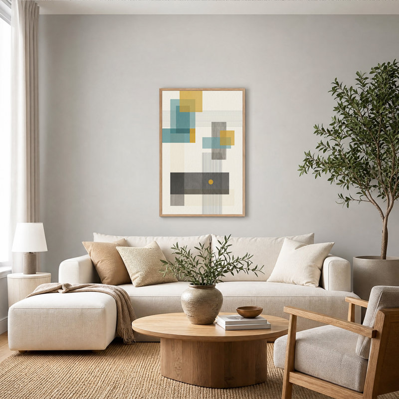 Tableau abstrait géométrique sur toile turquoise et moutarde, H 48 po x l 36 po