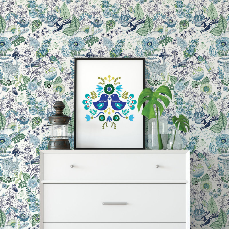 Whimsy Fauna 33' L x 20.4" W Wallpaper Roll, Blue
