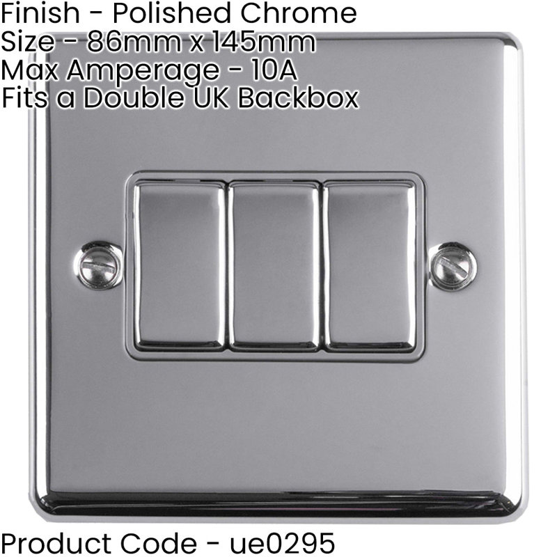 3 PACK 3 Gang Triple Metal Light Switch SATIN STEEL 2 Way 10A Black Trim, Silver/Grey, Polished Chrome