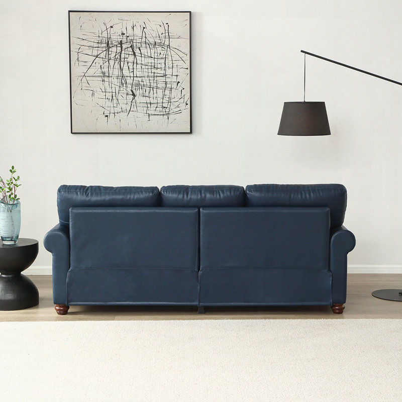 Classic Living Room Nails Sofa Faux Leather, Navy Blue, 34.5" H x 59.45" W x 31.89" D