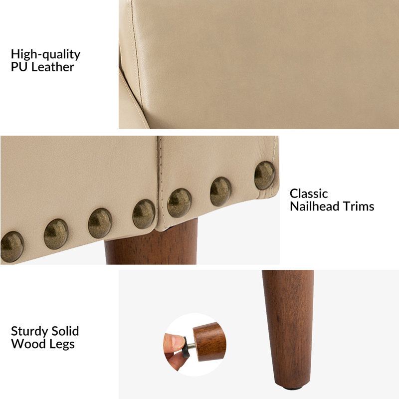 Almetia Vegan Leather Armchair With Solid Wood Legs Set of 2, Beige Faux Leather