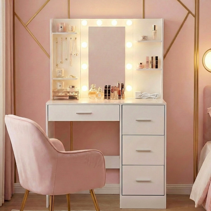White Dressing Table with LED Mirror, Charging Station & Storage Drawers