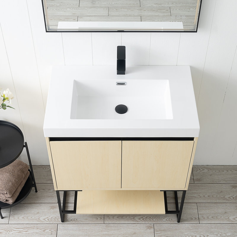 Ensemble de meuble-lavabo sur pied 30 "avec tablette ouverte et lavabo en acrylique, Érable naturel