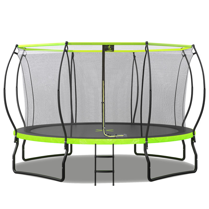 New Design 14FT Trampoline For Kids With Upgraded Arc Composite Pole And Safety Enclosure Net, Ladder And 8 Wind Stakes, Round Outdoor Recreational Playset Balanced Physical Training Trampoline