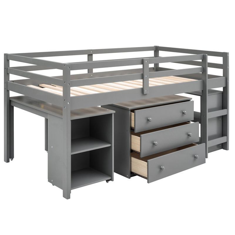 Lit mezzanine simple avec armoire et bureau roulant - gris, gris compact, Gris