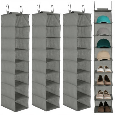 Organisateur de placard suspendu peu encombrant - Paquet de 3 étagères à chaussures et à chapeaux non tissées à 8 tablettes avec 2 crochets - Installation facile sans outil, multi-usage pour chaussures, sacs à main, foulards, accessoires, gris