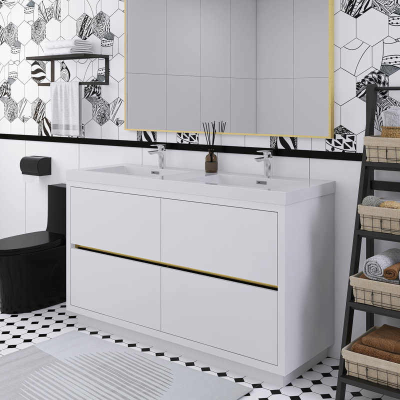 Meuble-lavabo autoportant lustré de 60 po avec double lavabo de comptoir en résine de pierre et tiroirs à fermeture en douceur