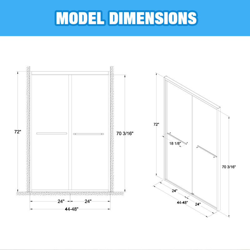 44-48"x72" Aluminum Frame Double Sliding Shower Door,Bypass Bathroom Sliding Door with Premium 5/16" (8mm) Clear Tempered Glass, Black Hardware Sliding Glass Shower Enclosure,Matte Black Finished