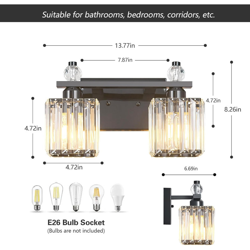 Luminaire de meuble-lavabo moderne avec abat-jour en cristal, luminaire à 2 lumières, compatible avec une ampoule E26, installation facile, finition résistante à l'humidité