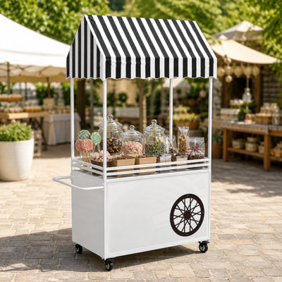 Chariot à bonbons H 75 "avec roulettes, présentoir à dessert à 3 niveaux avec auvent rayé pour mariages, fêtes et événements commerciaux, noir