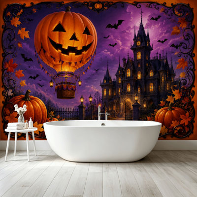 Peel and Stick Wallpaper Wall Mural Spooky Halloween Scene Pumpkin Balloon Haunted Mansion Night Wall Art Self Adhesive and Removable