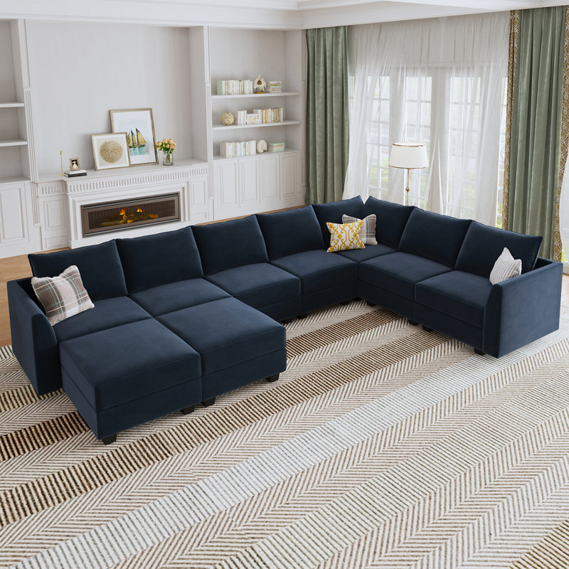 Berenika Velvet Modular U-Shaped Sectional, Blue Velvet
