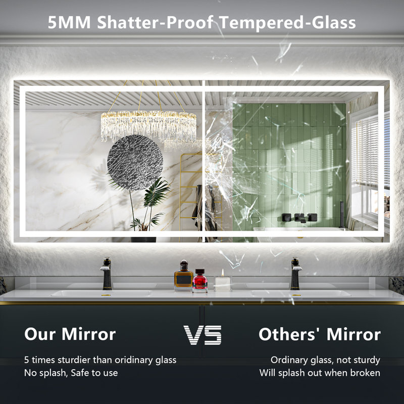 Akilan Frameless LED Vanity Mirror with Front-lit and Back-lit, Memory Function, 3 Colour Temperatures & Dimmable Light, Anti-fog Tempered Glass ETL Mirror