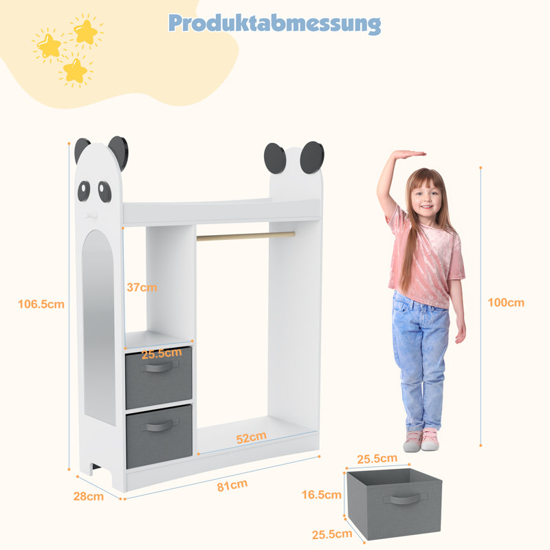 Kids Dress-Up Wardrobe with Child-Sized Mirror, Open Hanging Rail, Shelves & Drawers, White