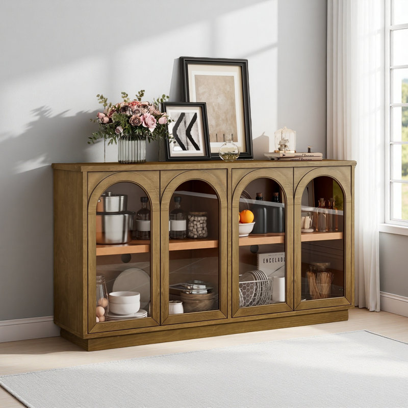 Grande armoire de rangement à 4 portes avec portes en verre, armoire arquée avec tablettes réglables pour la cuisine