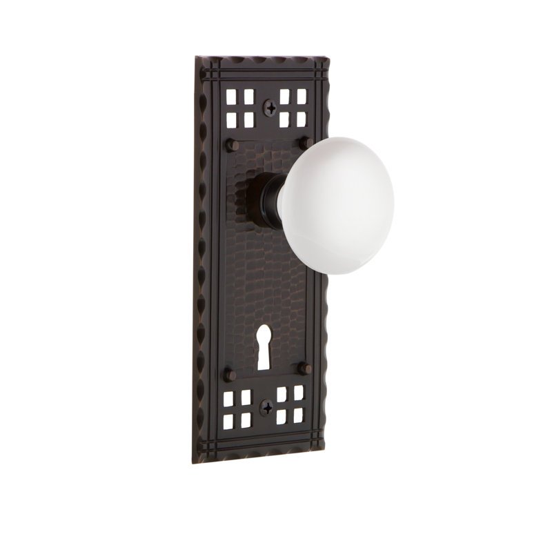 Craftsman Plate with Decorative Keyhole and White Porcelain Door Knob, Timeless Bronze