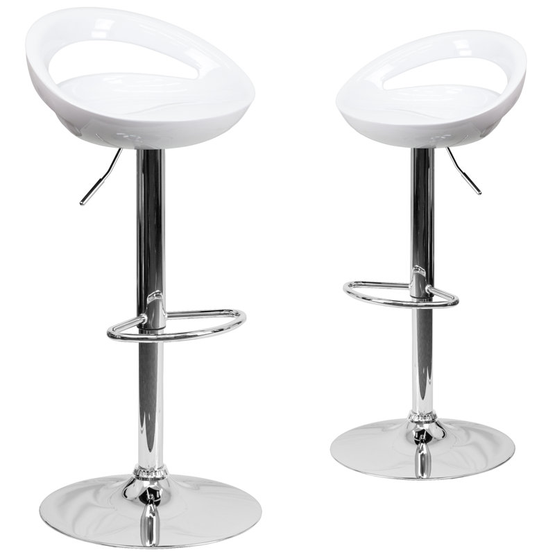 Contemporary Plastic Adjustable Height Barstool with Rounded Cutout Back and Chrome Base, White