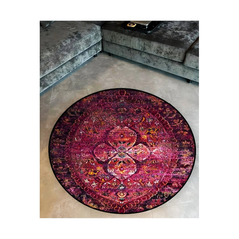 Purple Tones Traditional Motif Patterned Round Woven Base Vintage Decorative Carpet, Round 4'