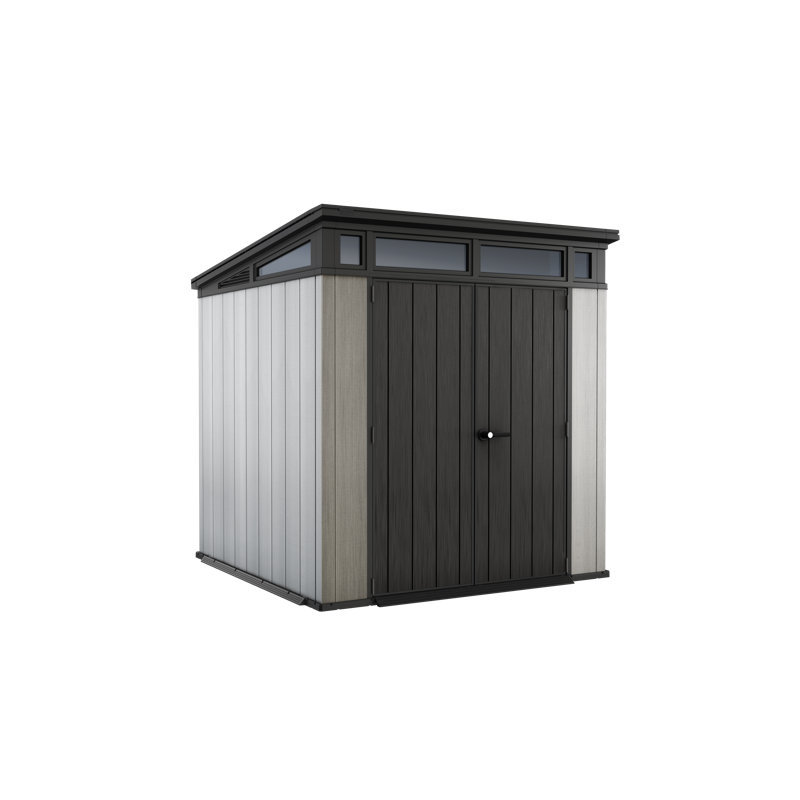 Keter Artisan 7x7 ft. Modern Durable Resin Outdoor Storage Shed With Floor and Double Doors for Garden Patio Furniture and Tools, Grey