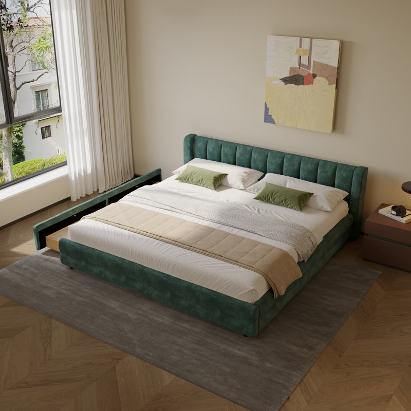 Chenille Upholstered Platform Bed Frame With Padded Headboard And Storage Drawer, Blue/Green, King