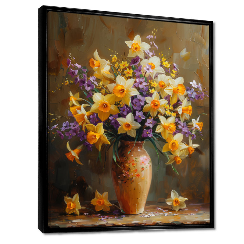 Jaune jonquille mauve délice jonquilles - jonquilles murales, H 34 po x l 44 po, Cadre flottant noir