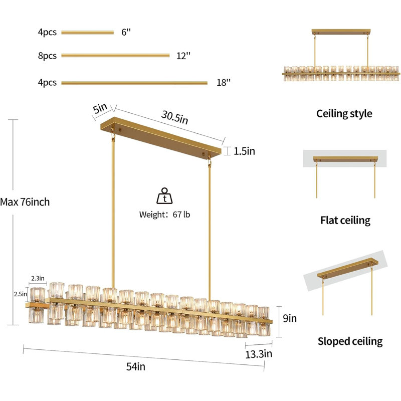 Machalik 60 - Light Dimmable Kitchen Island Rectangle Chandelier, Brass