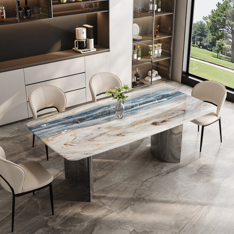 5-Piece Modern Dining Table Set, 63" Rectangular Faux Marble Top Dining Table With 4 Upholstered Chairs, Contemporary Kitchen Dining Room Set