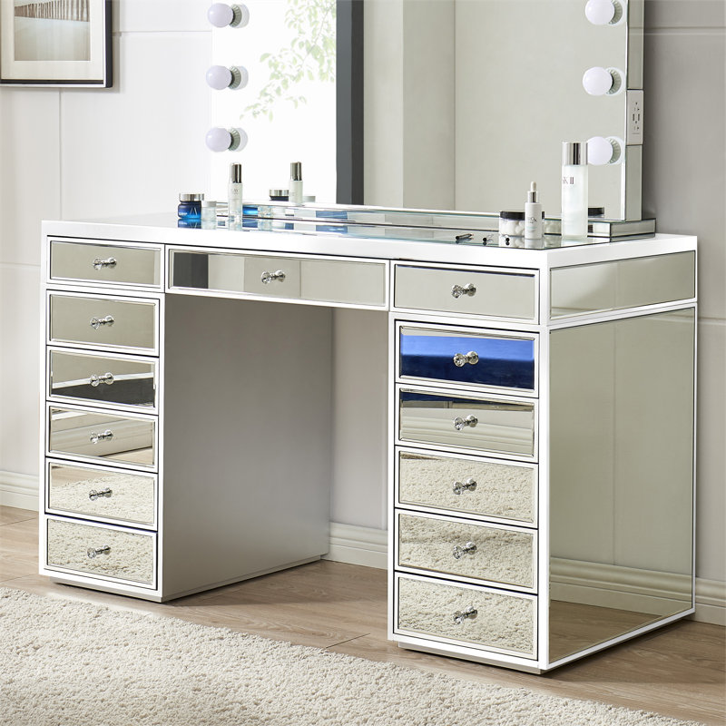 Ninian Vanity Dressing Table with 13-Drawers Glass top 130cm Wide, White/Silver