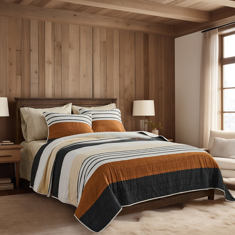 Wonderful 100% Cotton Quilt Set Stripe Printed Coverlet For All Season, King Quilt + 2 King Shams, Brown/Black Striped