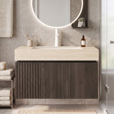 Meuble-lavabo flottant de 30 po avec lavabo en céramique blanc encastré, armoire de rangement murale en contreplaqué avec tiroir et portes en espresso, plateau en pierre frittée Roma Travertine avec 1 trou de robinet pré-percé, pré-assemblé