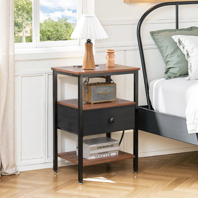 Table de bout avec station de charge, table de chevet mince avec tiroir de rangement en tissu, table d'appoint en bois pour petit espace, salon, chambre à coucher