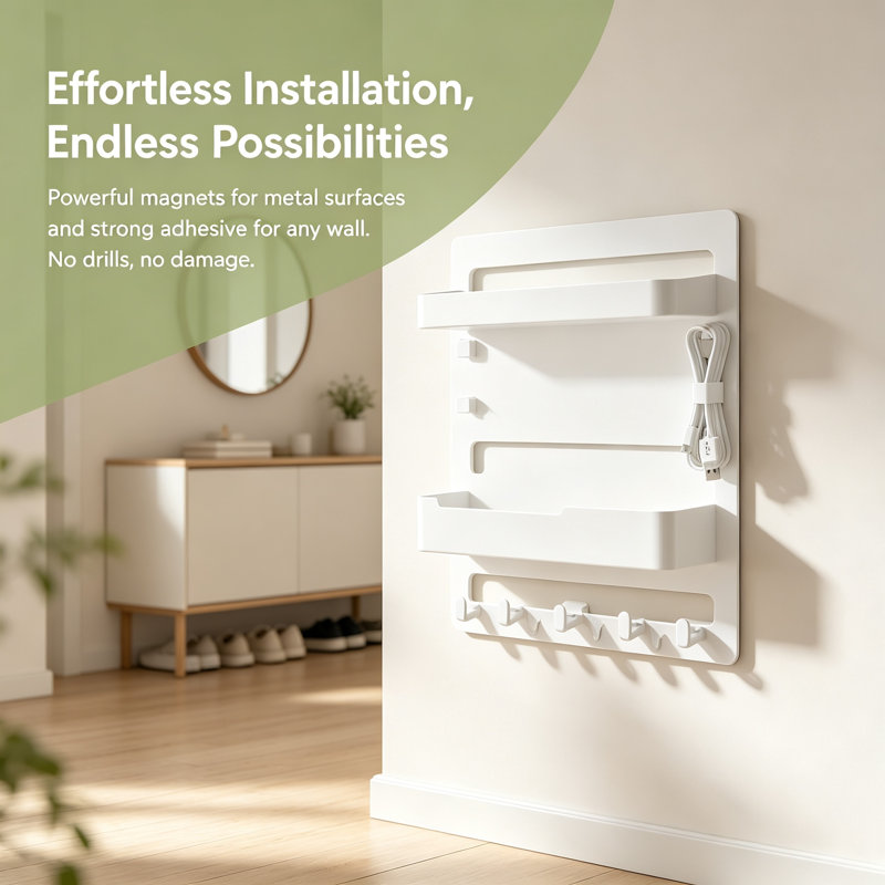 2‑Tier Adhesive Bedside Shelf with Hooks, White